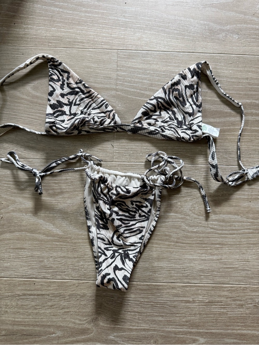aerie Zebra Print Ribbed Triangle Bikini in Black and Cream